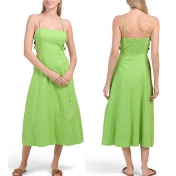 HEMANT AND NANDITA Linen Blend Cutout Midi Dress Green Size Large NWT - Picture 1 of 9